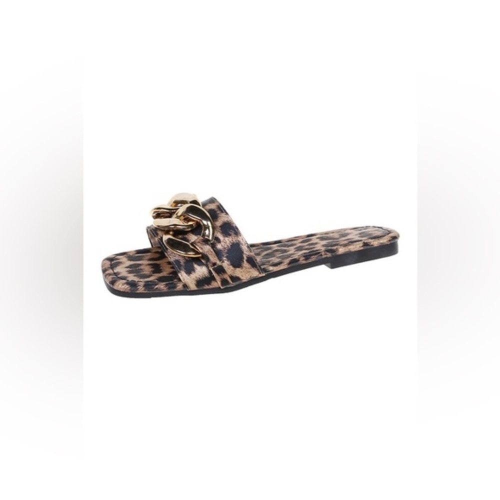 Leopard Print Gold Chain Slide Sandals Square Toe Flat Slip-On NWT - Picture 6 of 6